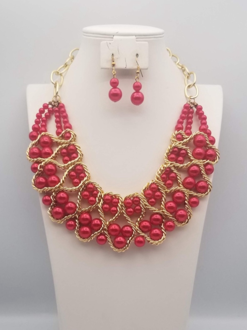 Gold-Accented Red Beaded Statement Necklace & Earring Set